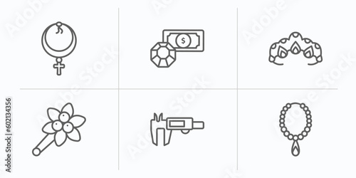 jewelry outline icons set. thin line icons such as anj, pawn shop, tiara, brooch, measurement, pearl necklace vector.