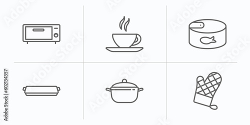 kitchen outline icons set. thin line icons such as bun warmer, tea cup, conserve, tray, saucepan, mitten vector.