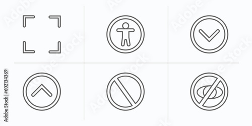 interface outline icons set. thin line icons such as fullscreen, accessability, down, up, disable, hide vector.
