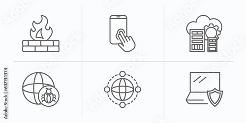 internet security outline icons set. thin line icons such as firewall, authentication, data center, internet attack, network, antivirus vector.