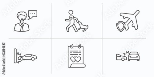 insurance outline icons set. thin line icons such as insurance advice, bite, air travel insurance, crash, marriage contract, side crash vector.