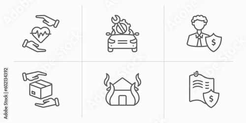 insurance outline icons set. thin line icons such as life insurance, vehicle repair, beneficiary, moving insurance, fire actual cash value vector.