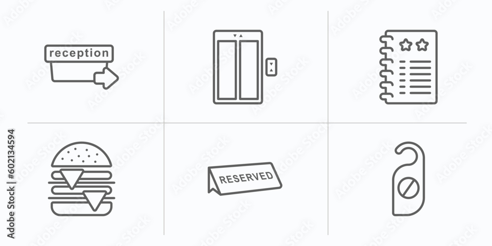hotel and restaurant outline icons set. thin line icons such as check out, elevator, agenda, cheese burger, reserved, doorknob vector. hotel and restaurant outline icons set. thin line icons such as check out, elevator, agenda, cheese burger, reserved, doorknob vector.