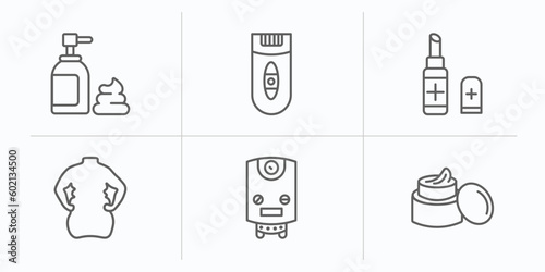 hygiene outline icons set. thin line icons such as shaving gel, epilator, lip balm, body shaming, water heater, body cream vector.