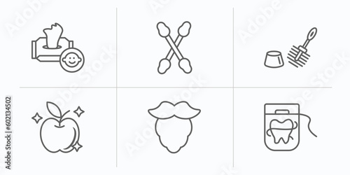 hygiene outline icons set. thin line icons such as baby wipe, cotton swabs, toilet brush, food hygiene, beardy, flossing vector.