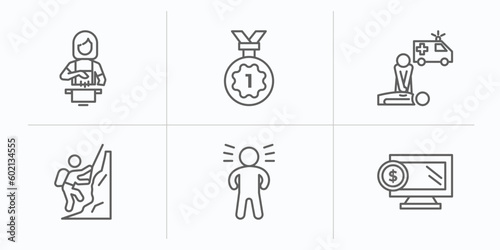 humans outline icons set. thin line icons such as woman cooking  first prize  cpr  mountain climb  proud pose  online business vector.