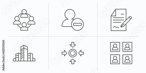 human resources outline icons set. thin line icons such as work team, remove user, contract, company, meeting point, candidates vector.