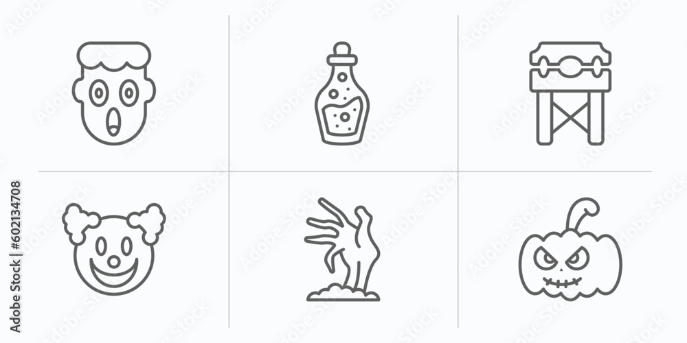 halloween outline icons set. thin line icons such as fear, flask bottle, pillory, clown smile, zombie hand, american vector.