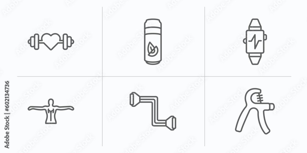 gym and fitness outline icons set. thin line icons such as fitness heart, fitness drink, sport watch, anatomy, resistance, grip vector.