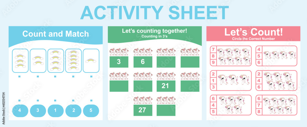 Activity sheet for children. 3 in 1 Educational printable worksheet. Mathematic worksheet for kids. Count and write activity for kids. Vector illustrations. Activity sheet for children. 3 in 1 Educational printable worksheet. Mathematic worksheet for kids. Count and write activity for kids. Vector illustrations.