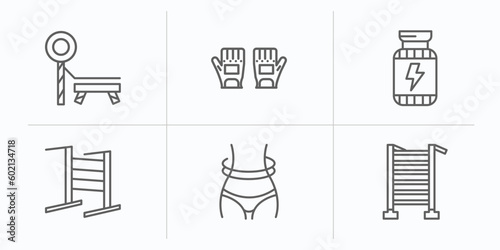 gym equipment outline icons set. thin line icons such as trainer rod, gym gloves, supplement, gym bars, waist, swedish wall vector.