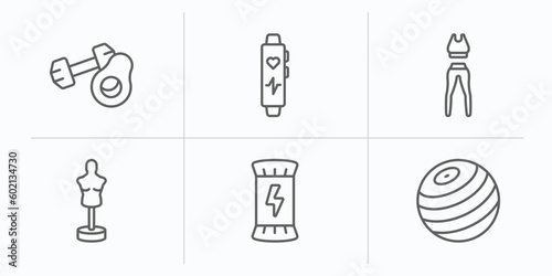 gym and fitness outline icons set. thin line icons such as fitness nutrition, fitness bracelet, sport wear, boxing mannequin, energy snack, gymnastic ball vector.