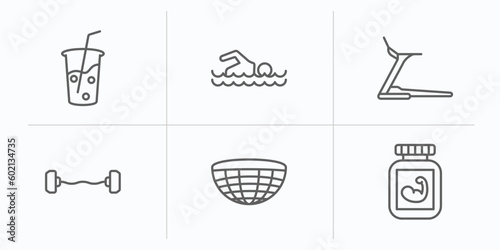 gym and fitness outline icons set. thin line icons such as vegetables juice, man swimming, running treadmill, dumbbells bar, bosu ball, phytonutrients vector.