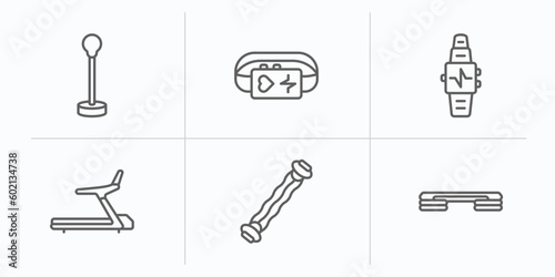gym and fitness outline icons set. thin line icons such as standing punching ball, pulsometer, fitness watch, training apparatus, sport expander, fitness step vector.