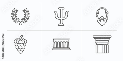 greece outline icons set. thin line icons such as laurel, psi, socrates, grapes bunch, parthenon, pillar vector.