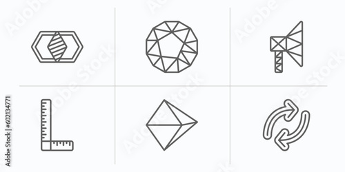 geometry outline icons set. thin line icons such as join, dodecahedron, polygonal megaphone, measure, octahedron, reverse vector.