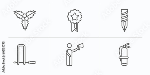 general outline icons set. thin line icons such as mistletoe leaves, winning, dyupel, fretsaw, leader with loudspeaker, fire estinguisher vector.