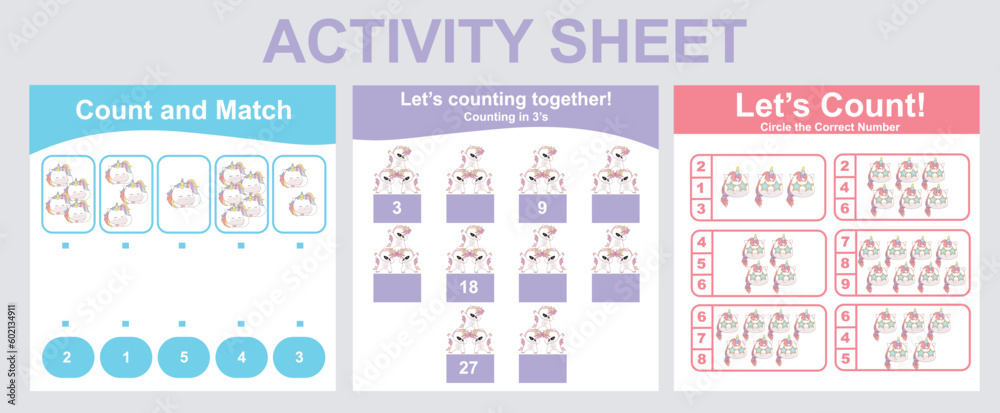 Activity sheet for children. 3 in 1 Educational printable worksheet. Mathematic worksheet for kids. Count and write activity for kids. Vector illustrations. Activity sheet for children. 3 in 1 Educational printable worksheet. Mathematic worksheet for kids. Count and write activity for kids. Vector illustrations.