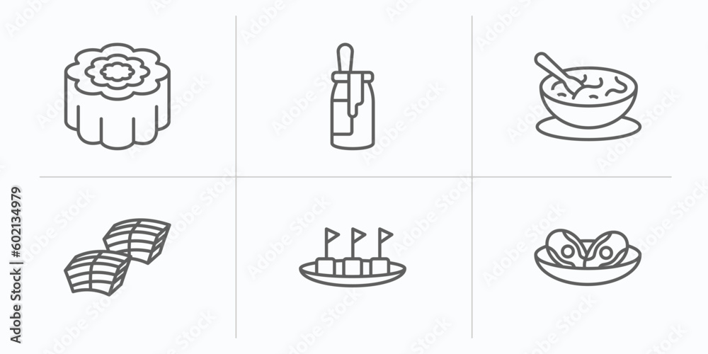 food and restaurant outline icons set. thin line icons such as moon cake, dulce de leche, sour soup, dongpo pork, maria mole, braised abalone vector.