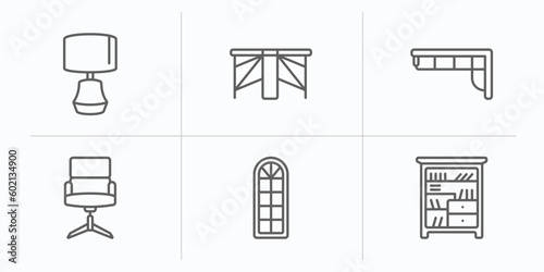 furniture & household outline icons set. thin line icons such as table lamp, gateleg table, corner sofa, office chair, window, shelf vector.