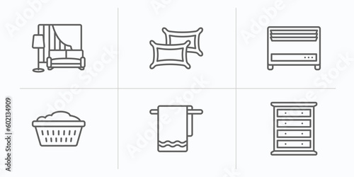 furniture & household outline icons set. thin line icons such as living room, pillows, heating, laundry hamper, towel, chest vector.