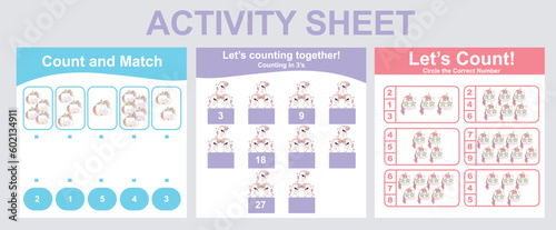 Activity sheet for children. 3 in 1 Educational printable worksheet. Mathematic worksheet for kids. Count and write activity for kids. Vector illustrations.
