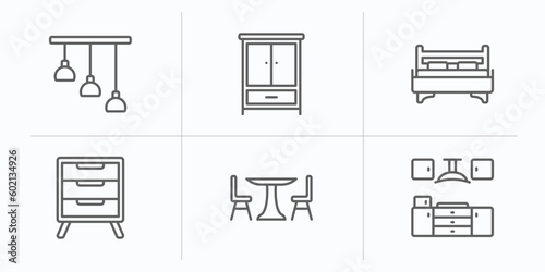 furniture outline icons set. thin line icons such as chandelier, clo, bed, bedside table, table with chair, kitchen furniture vector.