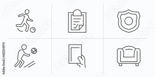 football outline icons set. thin line icons such as soccer player, plan, badge, player, red card, seats vector.