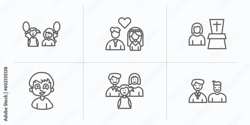 family relations outline icons set. thin line icons such as sibling's child, spouse, widow / widower, son, aunt's or uncle's child, step-brother vector.
