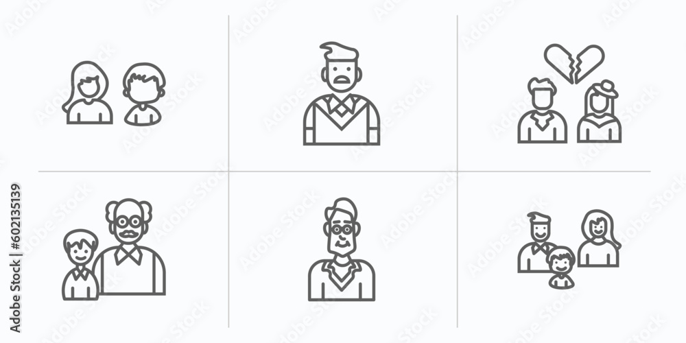 family relations outline icons set. thin line icons such as sibling, father, ex-husband, granddaughter, uncle, parent's sibling vector.