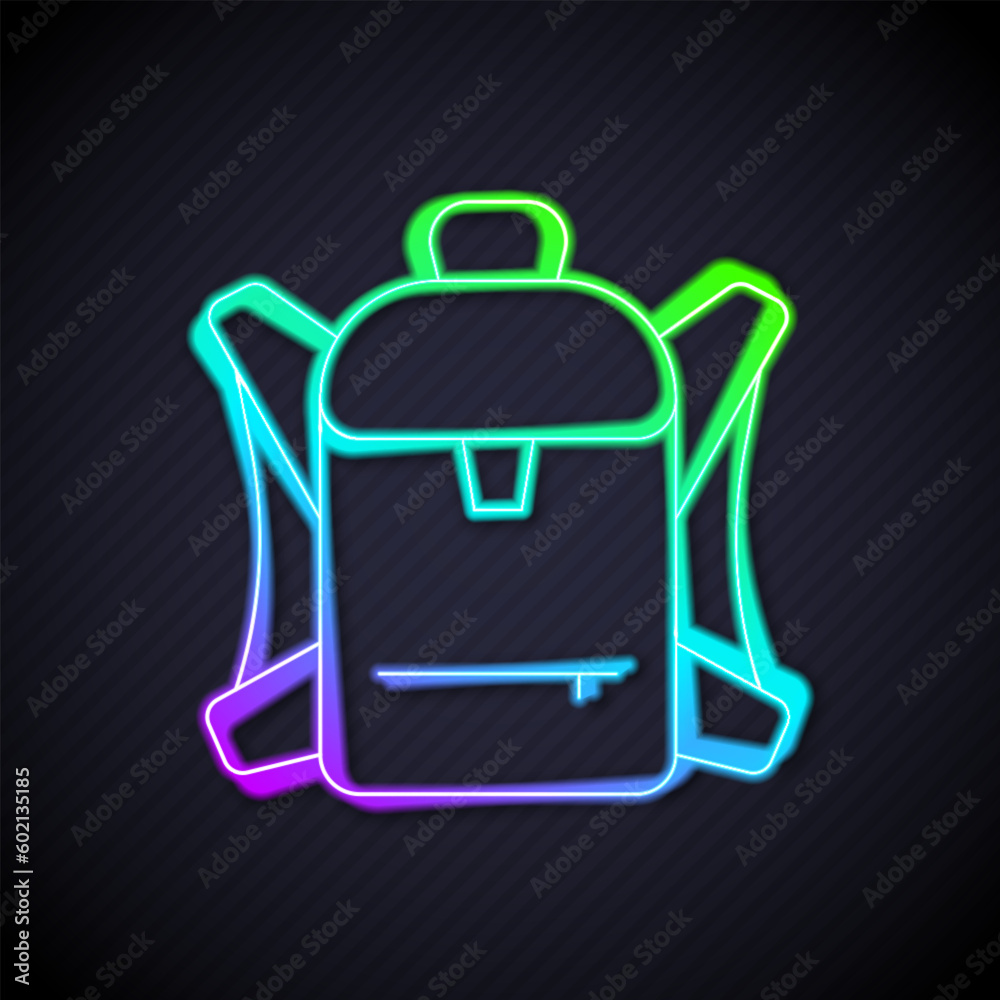 Glowing neon line Hiking backpack icon isolated on black background. Camping and mountain exploring backpack. Vector Glowing neon line Hiking backpack icon isolated on black background. Camping and mountain exploring backpack. Vector