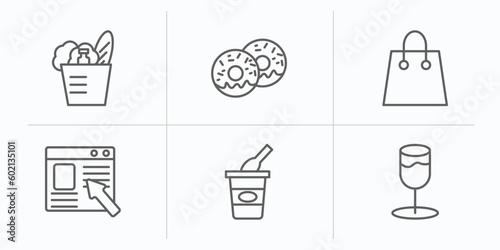 fast food outline icons set. thin line icons such as groceries, doughnut, paper bag, ordering, yogurt, alcoholic drink vector.
