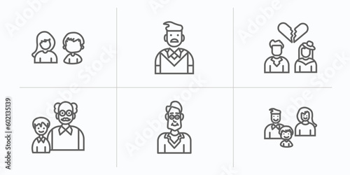 family relations outline icons set. thin line icons such as sibling, father, ex-husband, granddaughter, uncle, parent's sibling vector.