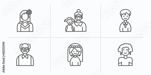 family relations outline icons set. thin line icons such as cousin, grandson, nephew, grandfather, wife, aunt vector.