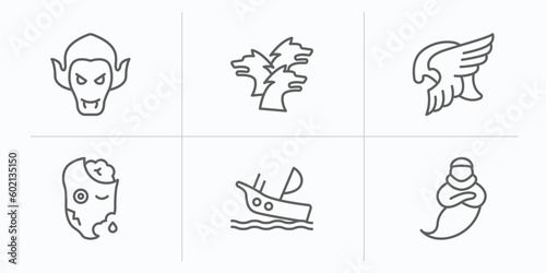fairy tale outline icons set. thin line icons such as vampire, cerberus, valkyrie, zombie, shipwreck, genie vector.
