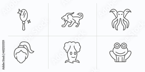 fairy tale outline icons set. thin line icons such as enchanted mirror, chimera, cthulhu, damsel, talking tree, toad vector.