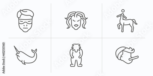 fairy tale outline icons set. thin line icons such as protagonist, female medusa, centaur, narwhal, yeti, pinocchio vector.