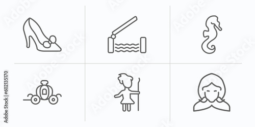 fairy tale outline icons set. thin line icons such as cinderella shoe, drawbridge, seahorses, cinderella carriage, curupira, little red riding hood vector.