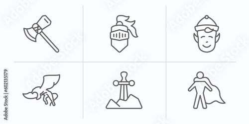 fairy tale outline icons set. thin line icons such as thor, knight, elf, gryphon, excalibur, hero vector.