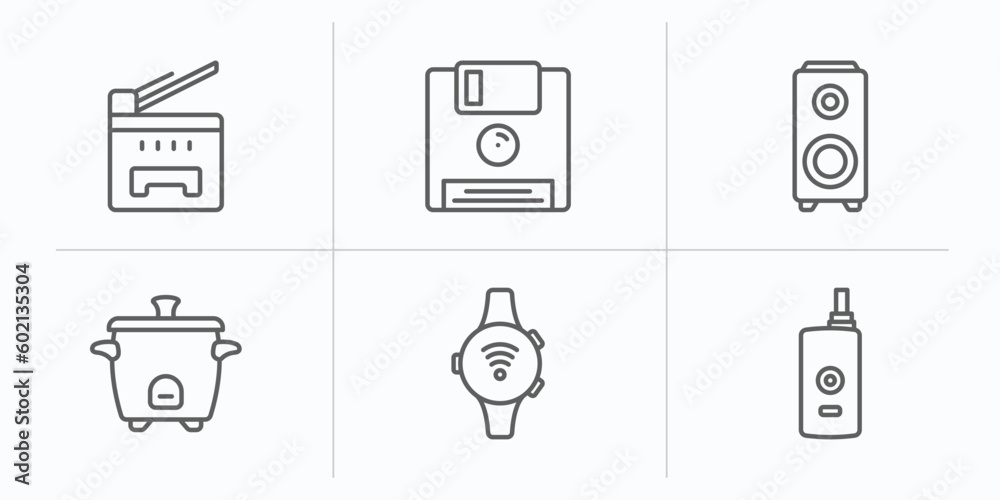 electronic devices outline icons set. thin line icons such as copy hine, floppy, speakers, rice cooker, smartband, vaporizer vector. electronic devices outline icons set. thin line icons such as copy hine, floppy, speakers, rice cooker, smartband, vaporizer vector.