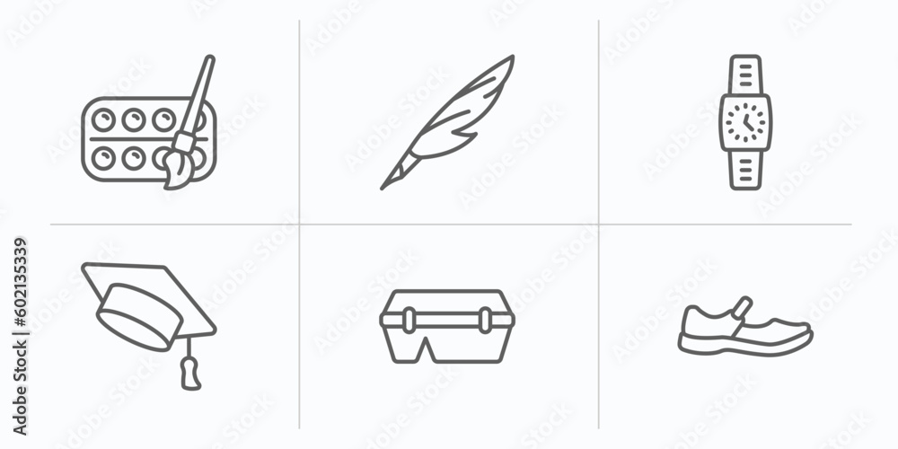 education outline icons set. thin line icons such as watercolor, quill, watch, graduation hat, lunch box, shoe vector.