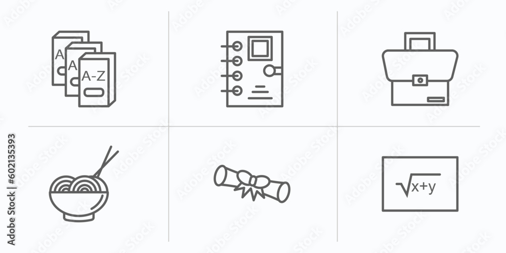 education outline icons set. thin line icons such as three books, school agenda, case, mie, diploma roll, square root in class vector. education outline icons set. thin line icons such as three books, school agenda, case, mie, diploma roll, square root in class vector.