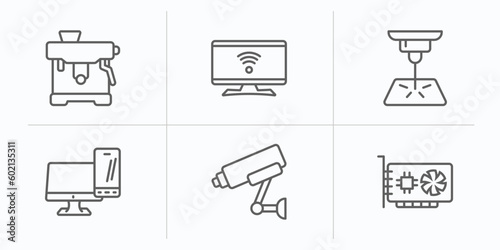electronic devices outline icons set. thin line icons such as espresso maker, smart tv, laser hine, devices, video surveillance, sound card vector.