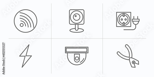 electrian connections outline icons set. thin line icons such as wireless internet, web camera, wall socket, electricity, cctv, pliers vector.
