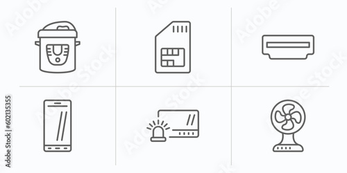 electronic devices outline icons set. thin line icons such as pressure cooker, sim, hdmi, phones, burglar alarm, electric fan vector.