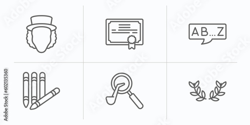 education outline icons set. thin line icons such as eugene onegin, merit, alphabet, crayon, sherlock holmes, laurel wreath vector.