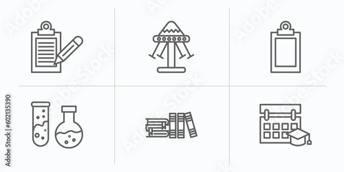 education outline icons set. thin line icons such as written clipboard, swinging, blank clipboard, chemical test tube, library books, school calendar vector.