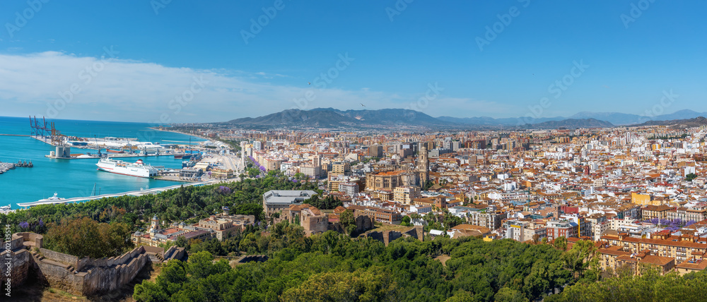 Panoramic aerial view with Porto of Malaga, Cathedral and Alcazaba - Malaga, Andalusia, Spain