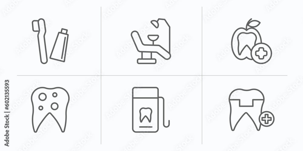 dentist outline icons set. thin line icons such as toothbrushes, dentist chair, dentist, bicuspid, dental floss, molar crown vector. dentist outline icons set. thin line icons such as toothbrushes, dentist chair, dentist, bicuspid, dental floss, molar crown vector.