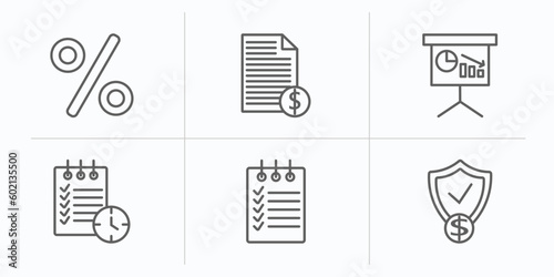 e commerce and payment outline icons set. thin line icons such as percent, bills, financial presentation, waiting list, shopping list, guaranty shield vector.